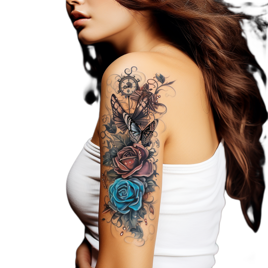 Woman with colorful temporary tattoo on upper arm